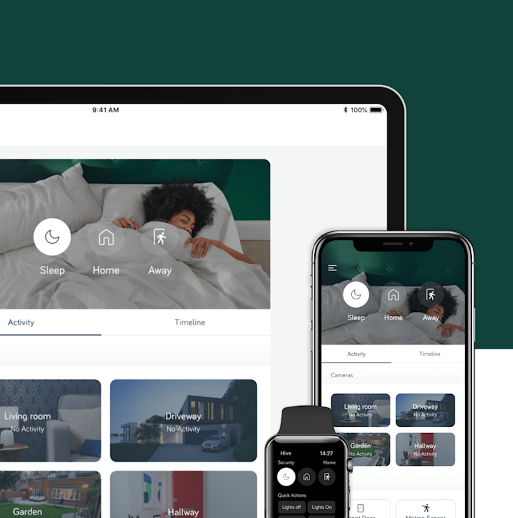 Example of using Hive HomeShield via the Hive app dashboard on smartphone devices, tablet and Apple Watch