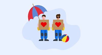 Illustration of two movers holding boxes with heart symbols, with an umbrella and beach ball beside them