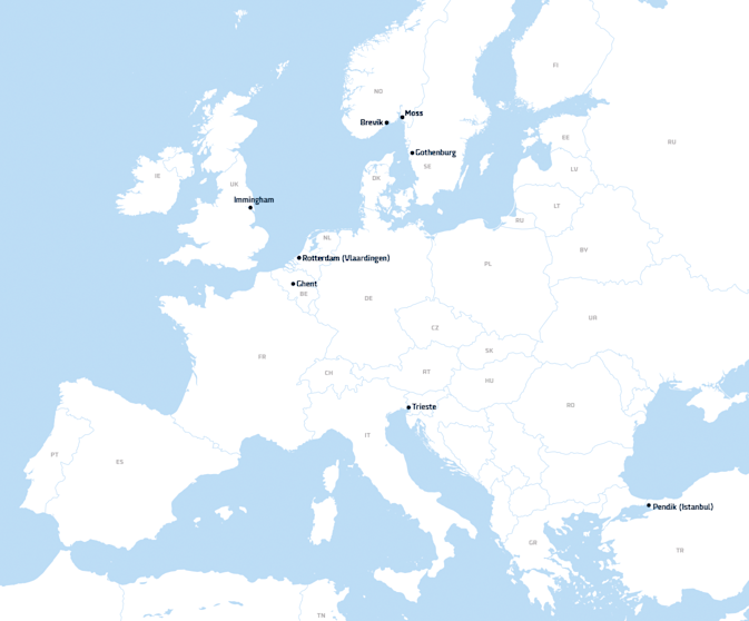 Map of all DFDS-owned terminals in Europe