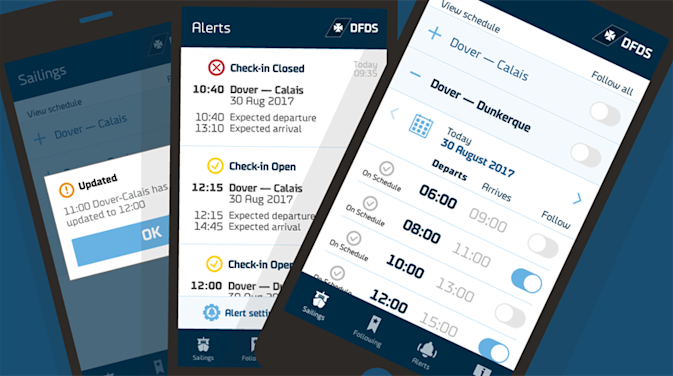 Screenshots of the DFDS Freight Ferry Alerts mobile app