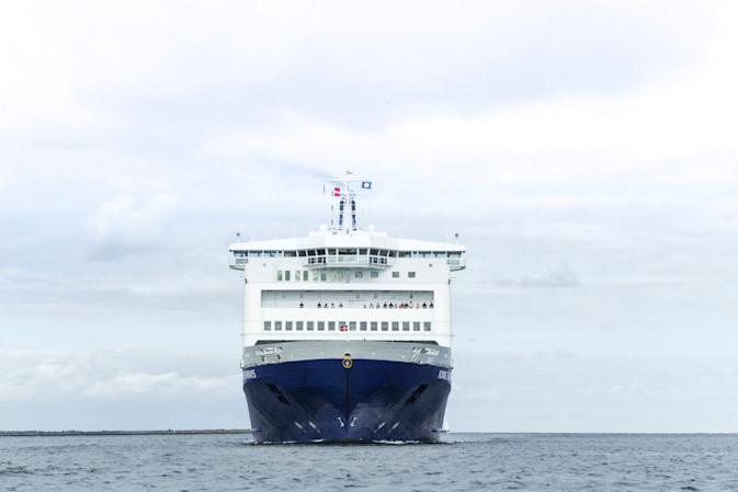 View of the stern of a DFDS Freight Shipping vessel at sea