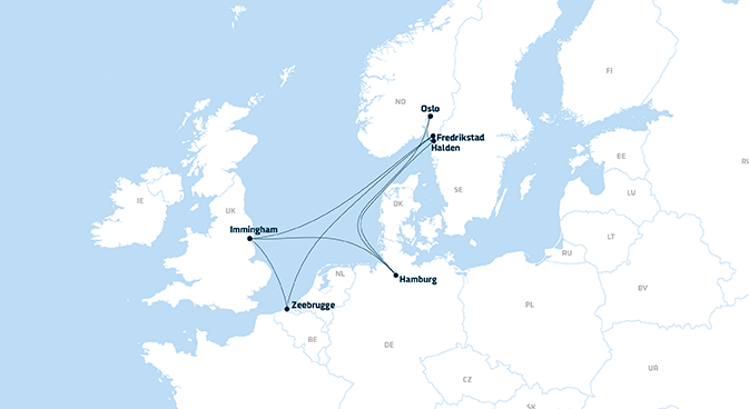 A map showing DFDS' network of terminals and freight shipping routes in Norway, the UK and mainland Europe - updated in 2019