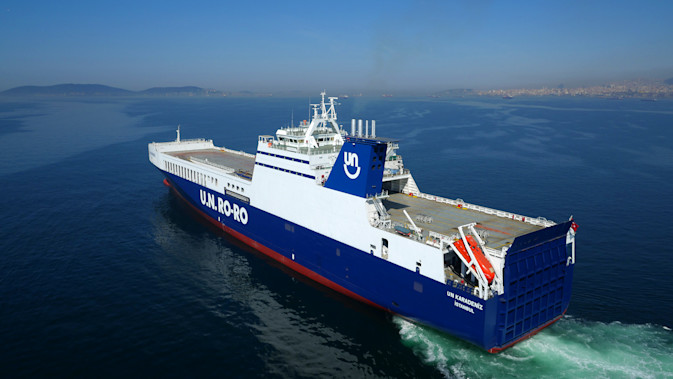 A U.N. Ro-Ro vessel heading out to sea