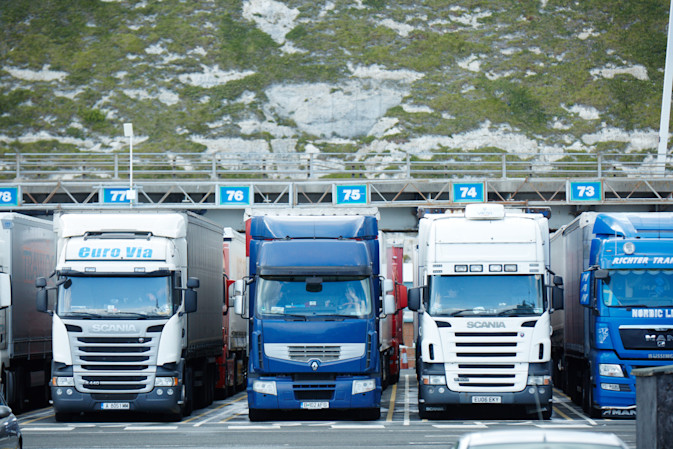 Several DFDS Logistics trucks aligning to enter the Dover terminal