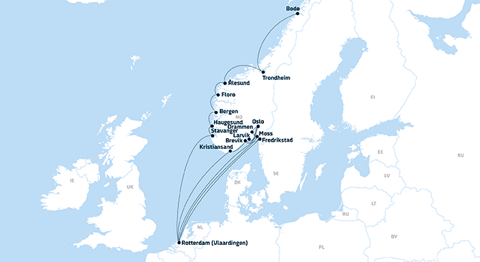 Map of DFDS Shipping Container routes from Rotterdam to Norway, 2019 update