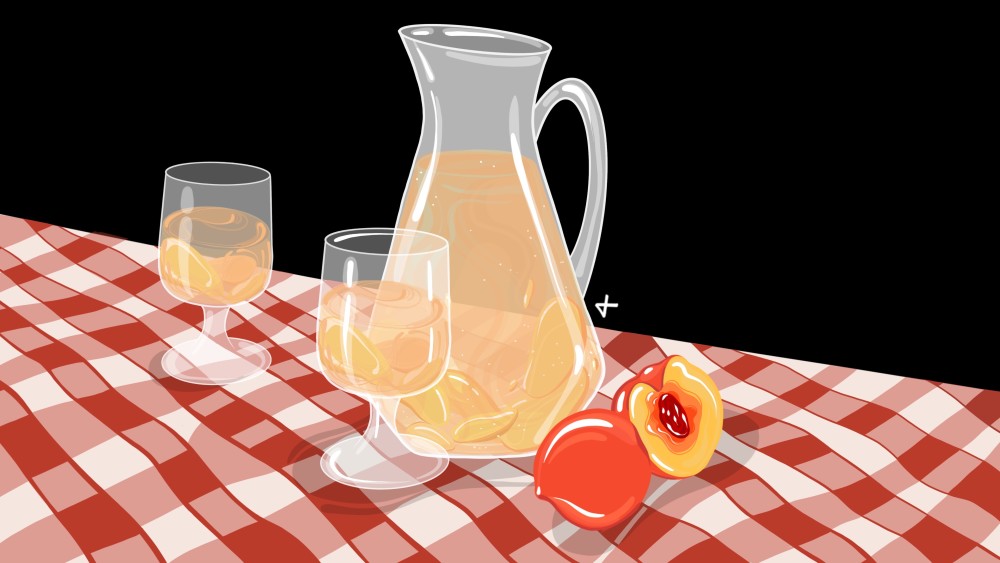 Peaches with white wine story   rain recipe box16x9