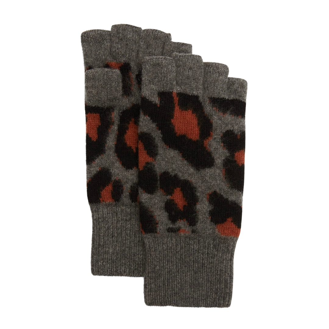 Portolano leopard intarsia knit fingerless cashmere gloves