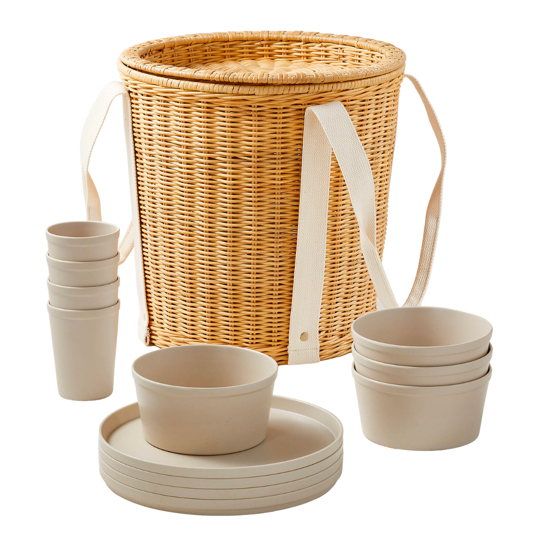 12 piece sojourn melamine set with wicker picnic basket 
