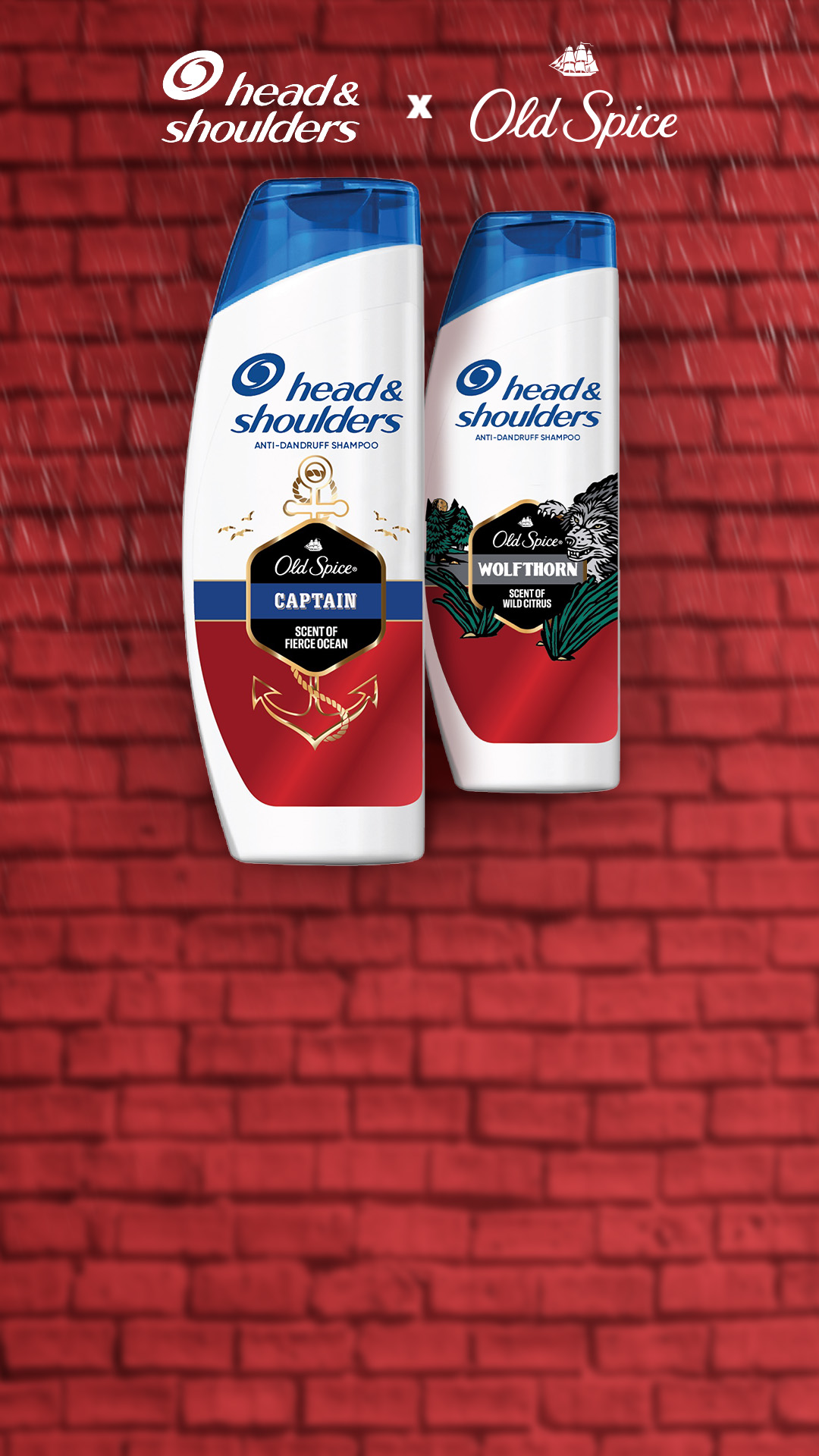 Head & Shoulders and Old Spice shampoos against a dark blue and red background.