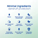 MINIMAL INGREDIENTS dandruff protection. Water, plant derived moisturizer, citric acid pH balancer, anti-dandruff active, coconut water scent, plant derived cleanser, formula stabilizer & freshness protector.