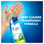 a splash of Deep Cleanse Oil Control H&S Shampoo poured into the hand, with the claim "deep cleanse transparent formula" written next to the bottle