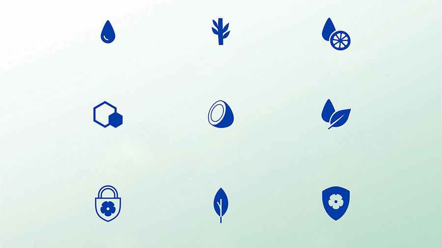 Nine blue ingredient icons on a light green background