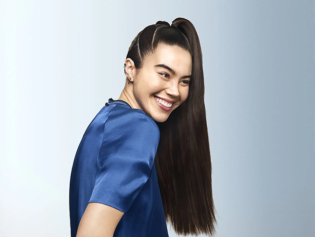 Woman with long black straight hair
