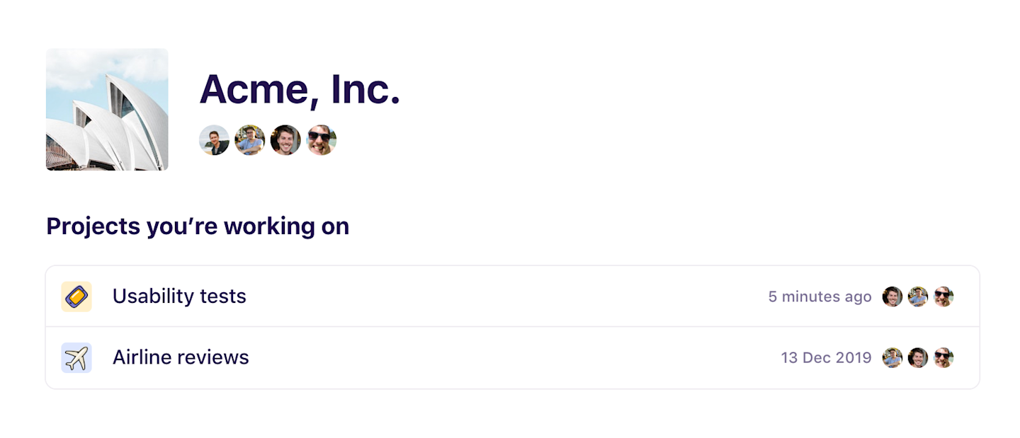 Screenshot of the projects you're working on in Dovetail.