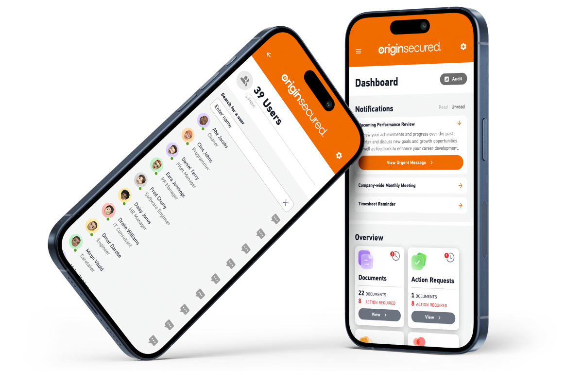 Two iPhones stood up displaying the Origin Secured Workforce platform screens