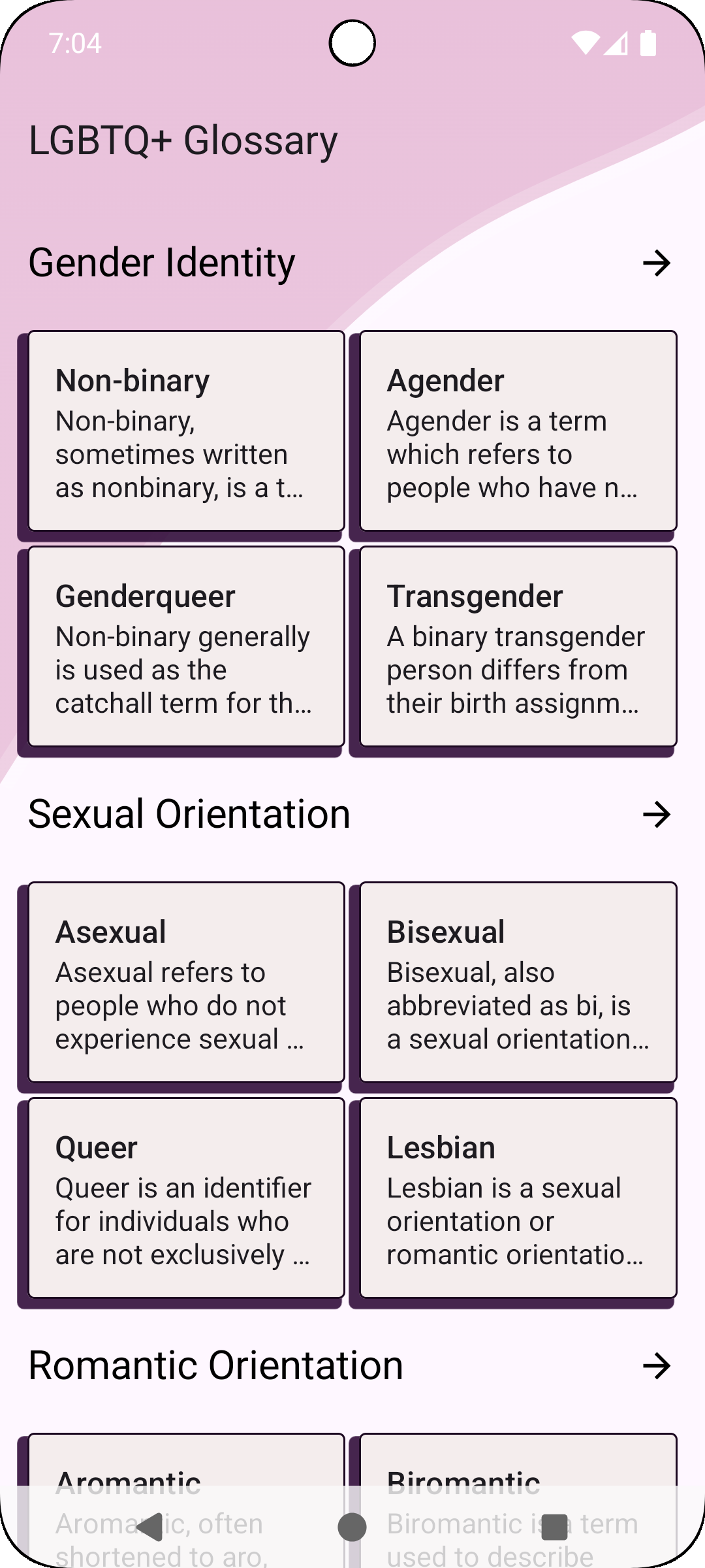 A screen with the title LGBTQ+ Glossary, and sections Gender Identity, Sexual Orientation, and Romantic Orientation. Each of them contains cards with text explaining different terms within the category.