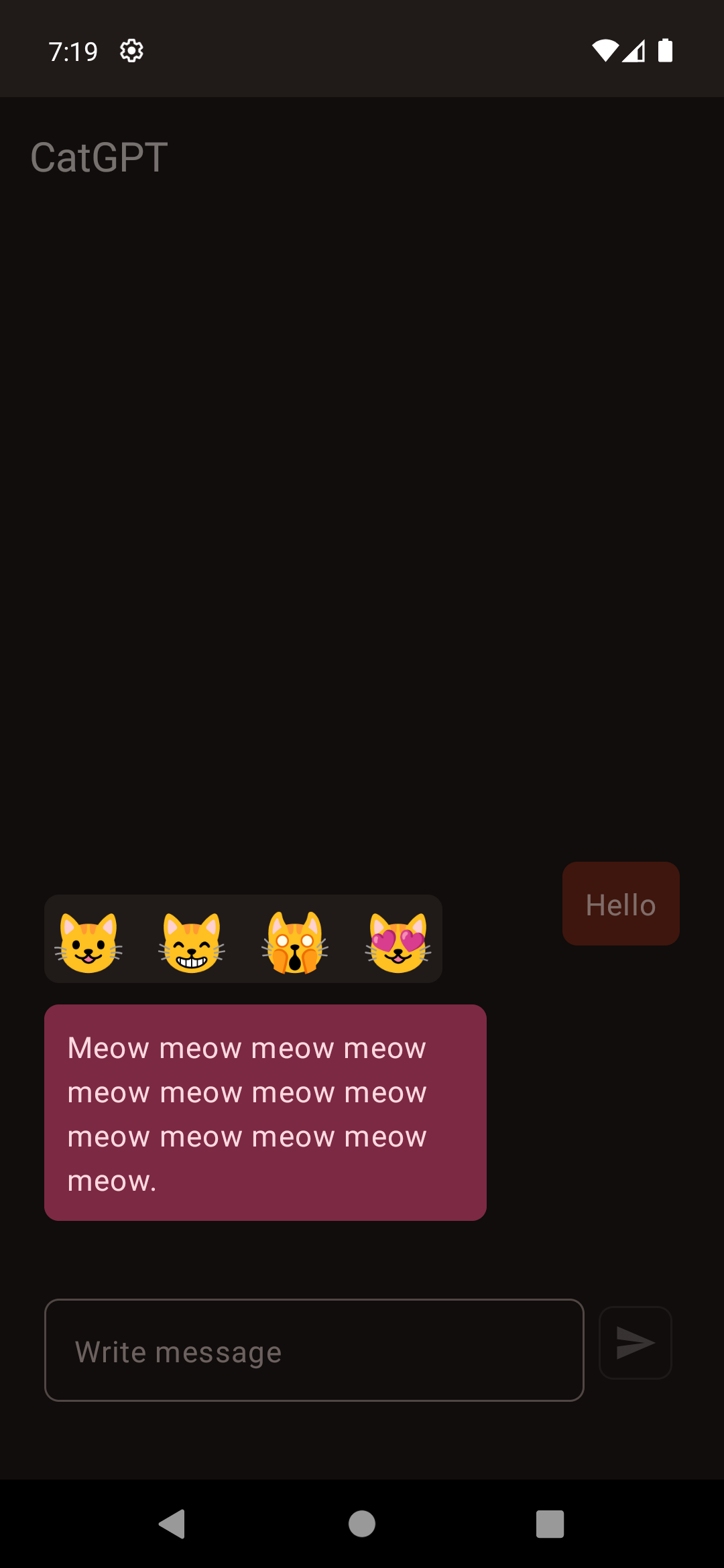 CatGPT-app with a message consisting of multiple 'meow's open. Above the message, there are four cat emojis: Grinning cat, grinning cat with smiling eyes, weary cat and smiling cat with heart eyes.