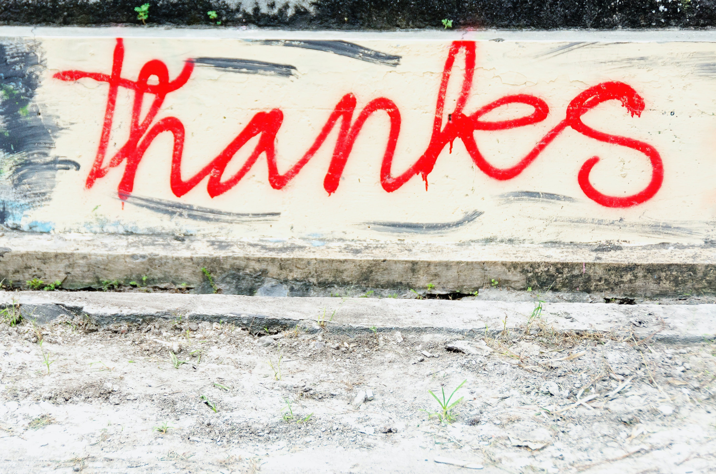 Word Thanks sprayed with red on white background. 