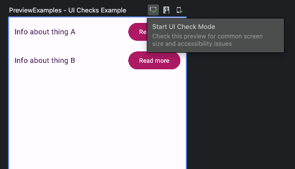 Android Studio's Preview-UI. The leftmost icon on the top right corner of the preview is selected, and under it is an overlay with the text 'Start UI Check Mode'.