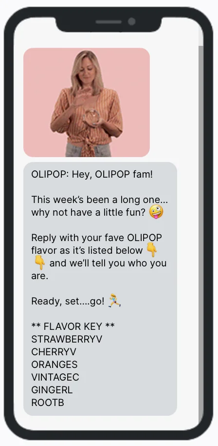 Top Rev Conversational Campaign Example Keyword-driven conversational campaign by OLIPOP