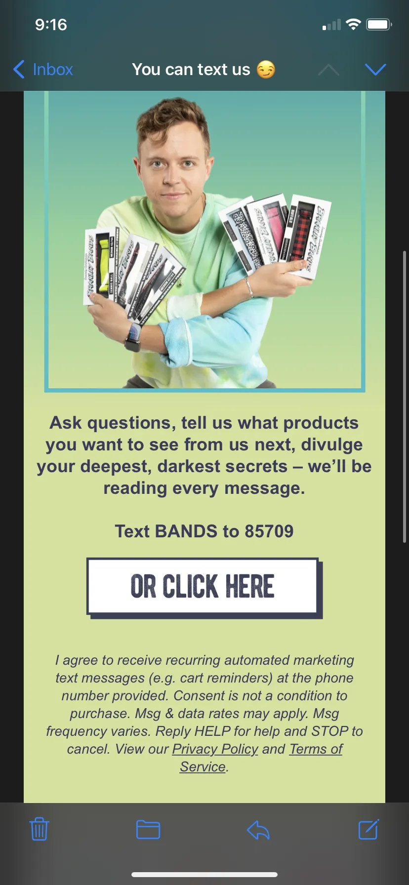 Top Rev Converting Email to SMS SMS opt-in email campaign from Braxley Bands