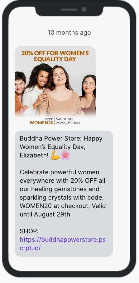 Buddha Power Store Women's Equality Day SMS Campaign Buddha Power Store Women's Equality Day SMS Campaign