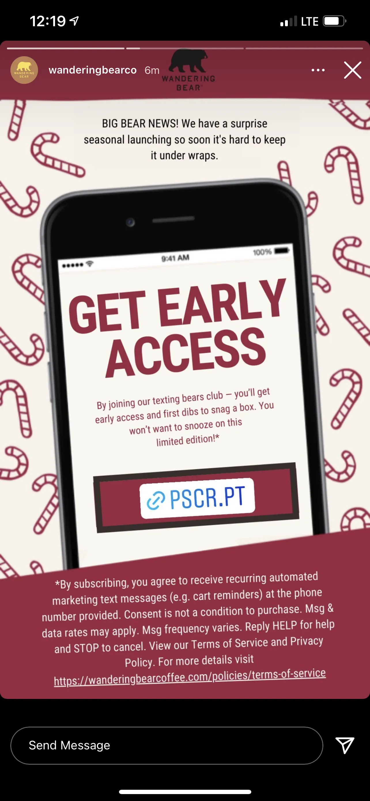 Top Rev Instagram Sticker Example Instagram story with opt-in sticker link from Wandering Bear Coffee