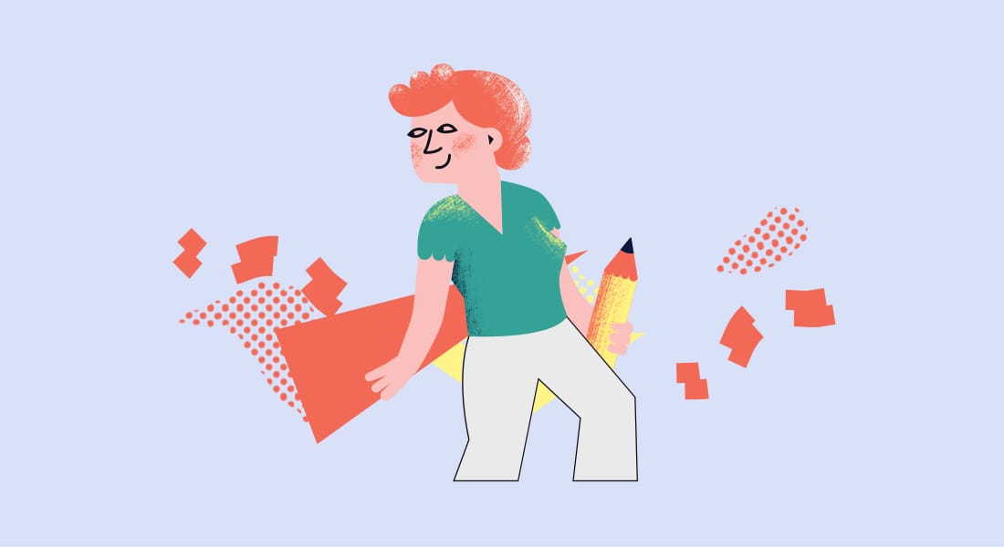 An illustration of a women holding a pencil. She's about to use the pencil to sketch out some new ways to scaffold her students through their next assignment.