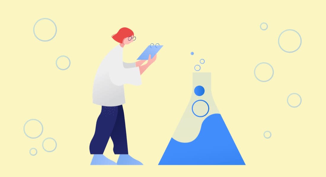 An illustration of a woman holding a notepad. Shes looking at a her science experiment, which involves a large beaker bubbling over with liquid. Hopefully it's nothing toxic.