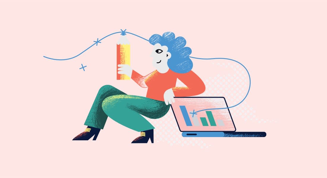 An illustration of a woman holding a pencil. She's sitting back, leaning on her laptop. It doesn't look comfortable, but she looks satisfied knowing she can track student engagement in her class through Cadmus.