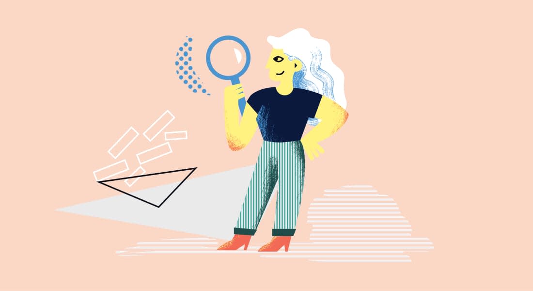 An illustration of a woman holding a magnifying glass. She's smiling quietly to herself and she looks for new ways to help her students develop new academic writing skills. I think she's just spotted Cadmus.