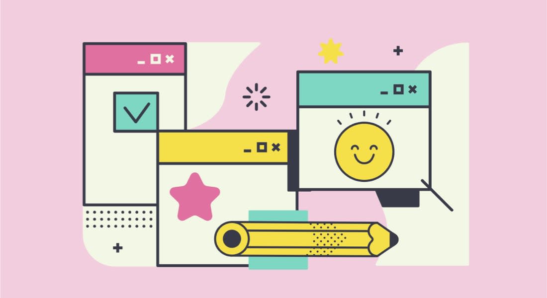 An abstract illustration of browser windows, a smiling face, a pencil and star
