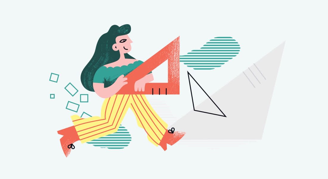 An illustration of a woman, strolling while carrying a triangular ruler. She looks like she's ready to help students develop their scientific writing skills.
