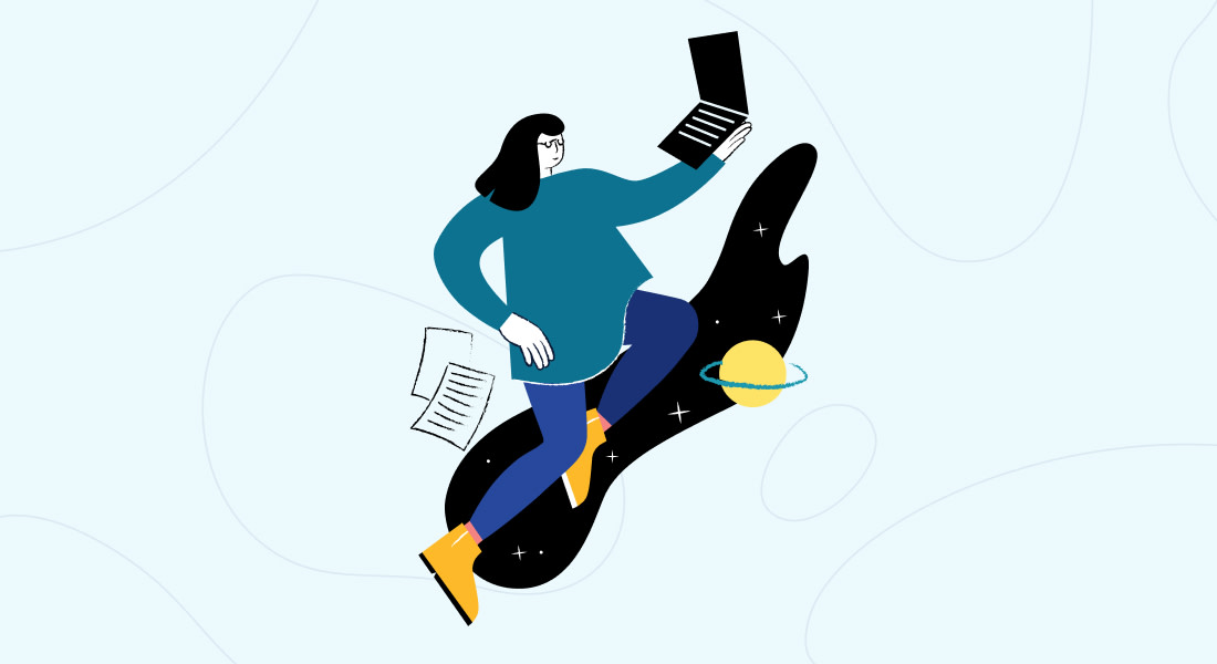 An illustration of a female holding a computer, and diving into a black hole.