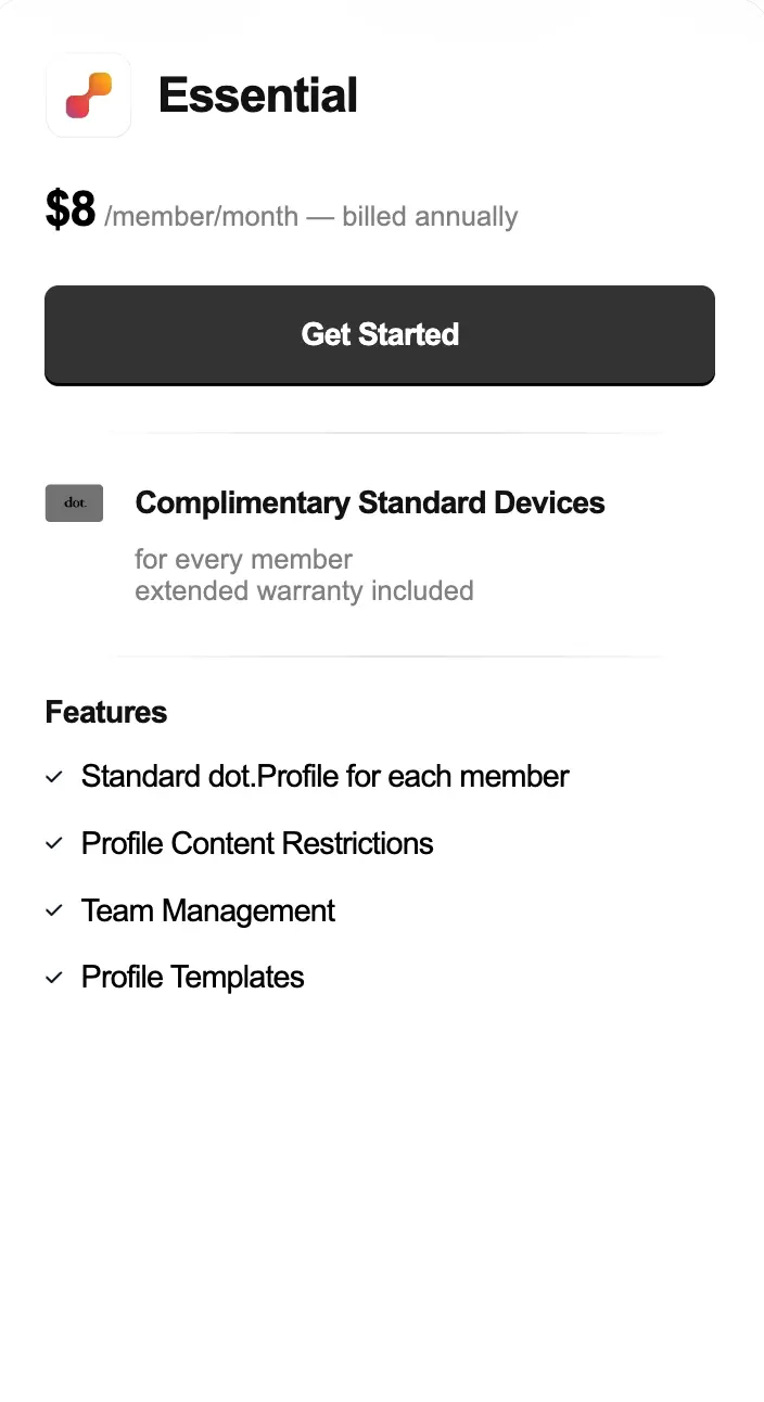 Dot Card Pricing - Essential Plan