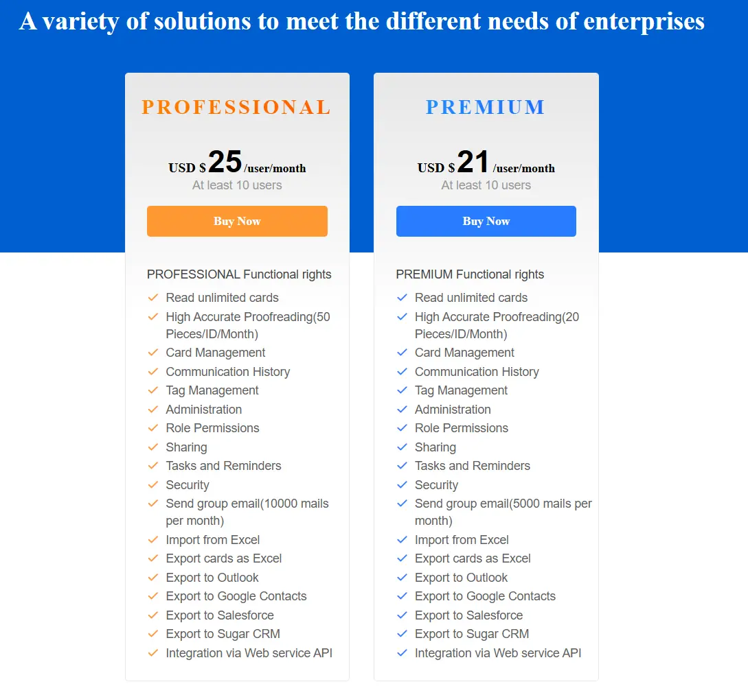 CamCard Pricing for Companies