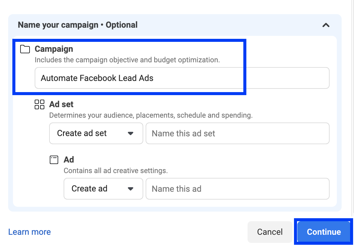 naming a campaign in Facebook Ads Manager