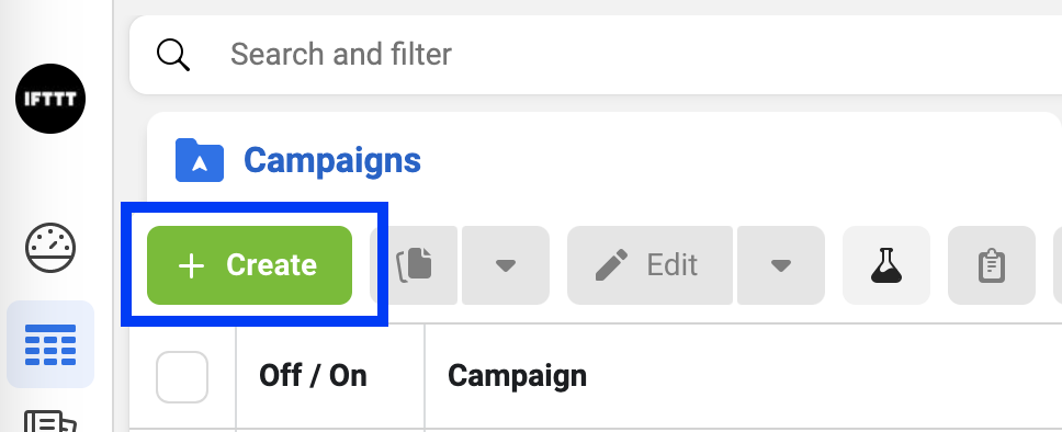 Create button in Facebook Ads manager