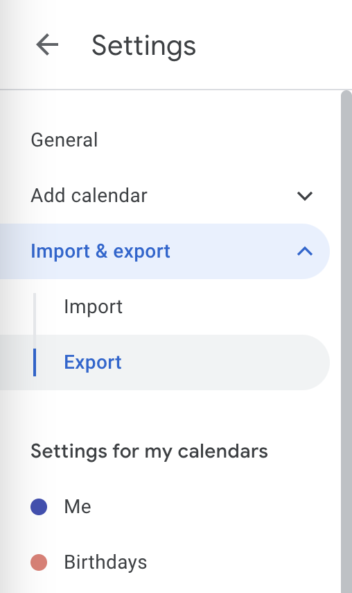 Export Google calendar settings
