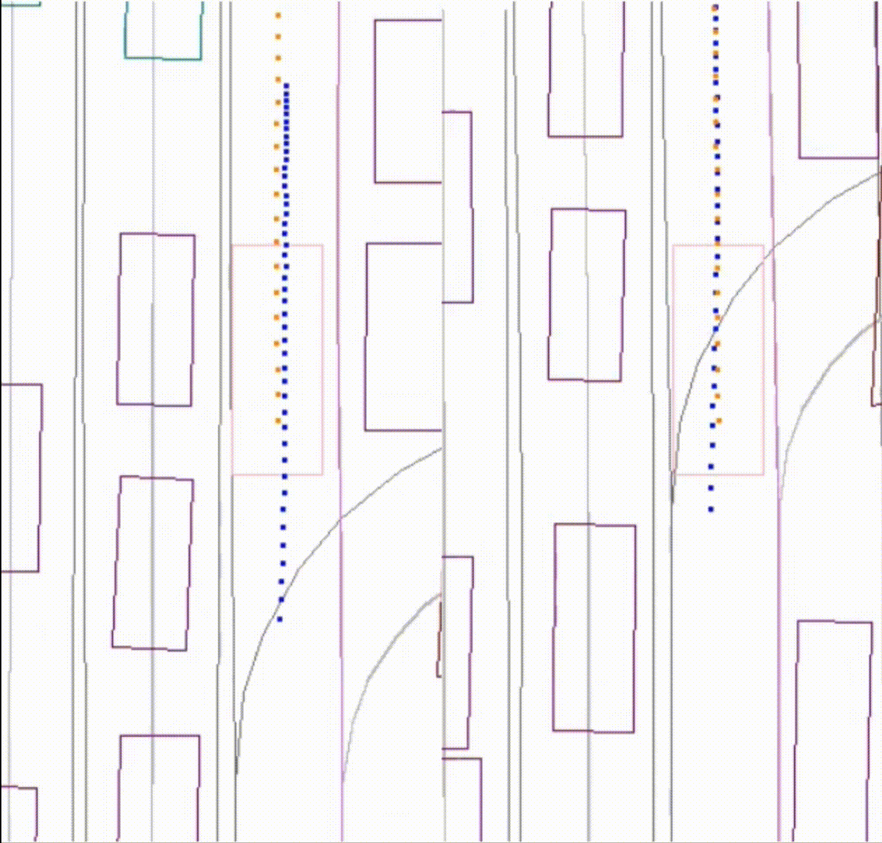 Left: the performance of the baseline model, where the AV (pink) collides with a lead vehicle (purple). Right: the improvement of the new model. The AV (pink) stops with room behind a lead vehicle (purple).