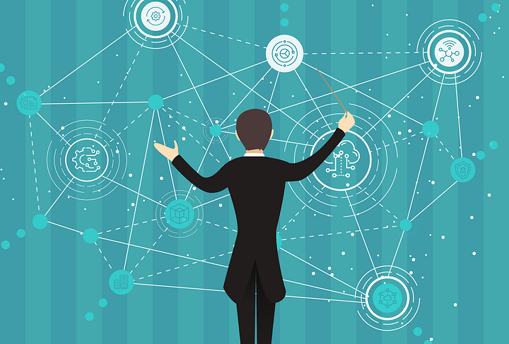 監視付きの自動化を表現する指揮者と繋がれた技術関連のアイコンのイラスト