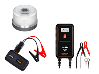 Sikkerhetspakke Osram. Inneholder roterende nødlys, batteristarter 300, batterilader 8Ah