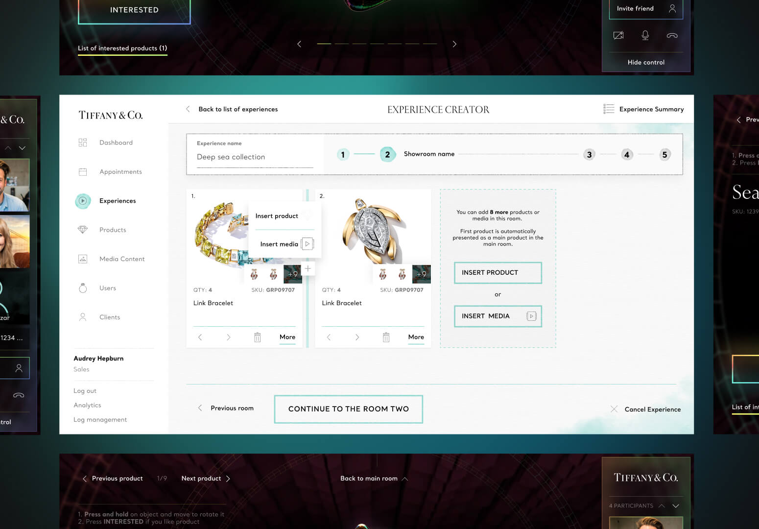 Tiffany & Co. virtual showroom interface with product selection tools for creating a personalized jewelry experience, developed by higroup