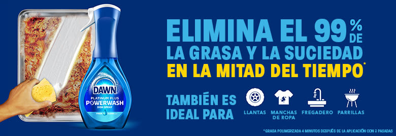 Dawn Platinum Plus Powerwash: elimina el 99 % de la grasa y la suciedad en la mitad del tiempo; también es ideal para llantas, manchas de ropa, fregadero y parrillas.