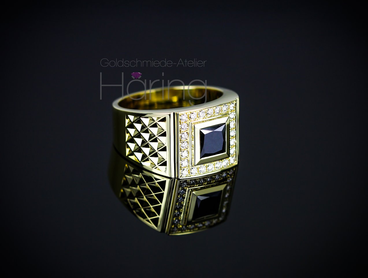 Herrenring Gelbgoldring Brillanten Schwarzer Diamant 4270