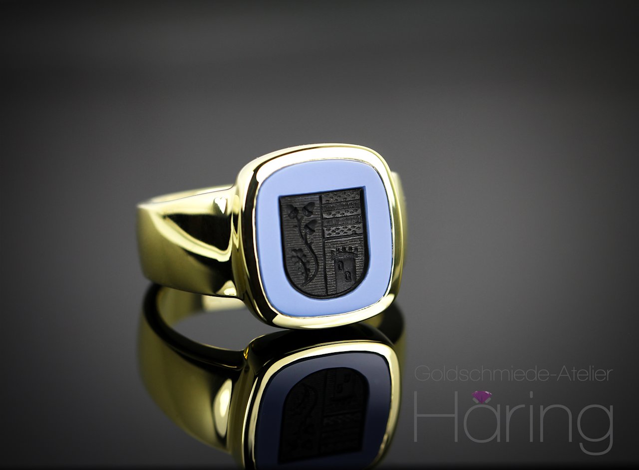 Herrenring Gelbgoldring mit Wappen Lagestein 4359