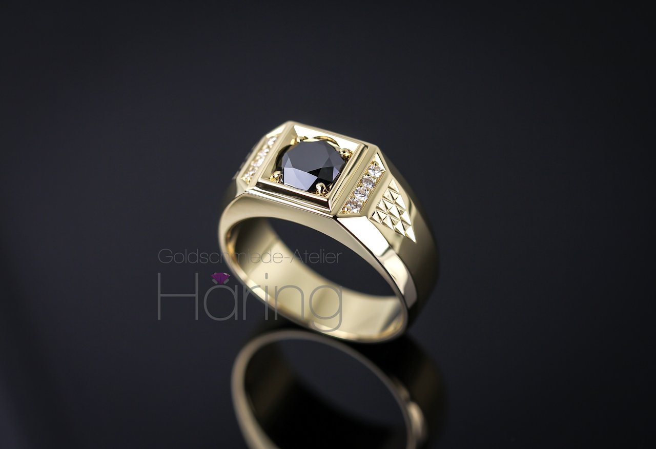 Herrenring Gelbgoldring Brillanten Schwarzer Diamant 0737