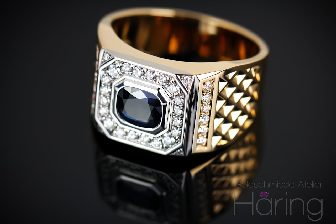 Herrenring Rotgoldring Brillante Blauer Saphir 1641