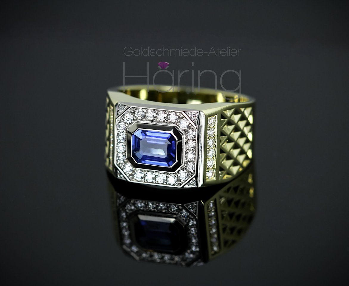Herrenring Gelbgoldring Brillanten Blauer Saphir 4734