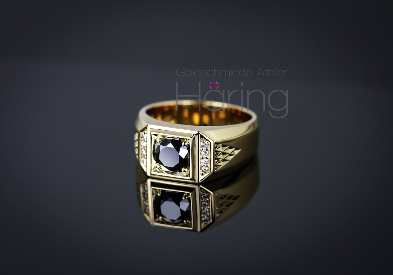 Herrenring Gelbgoldring Brillanten Schwarzer Diamant 0693